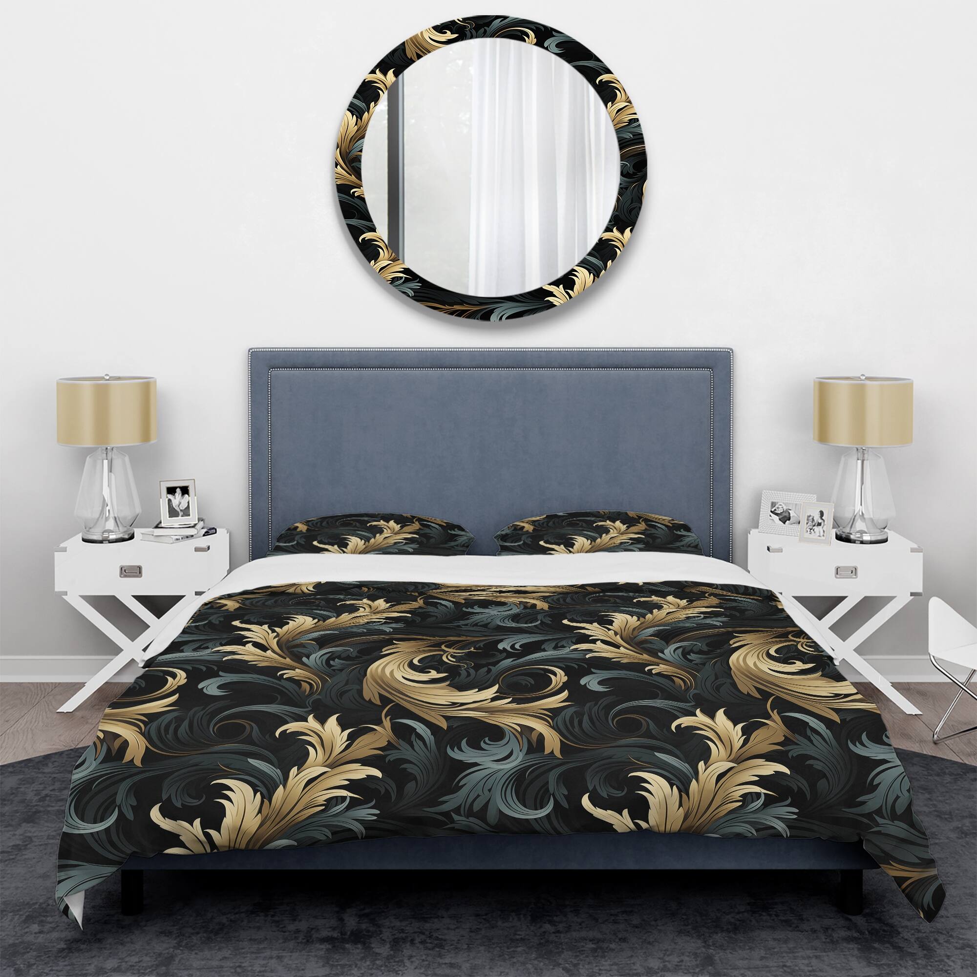 Designart "Black Ink Seamless Calligraphy Flourishes I" Gold Damask